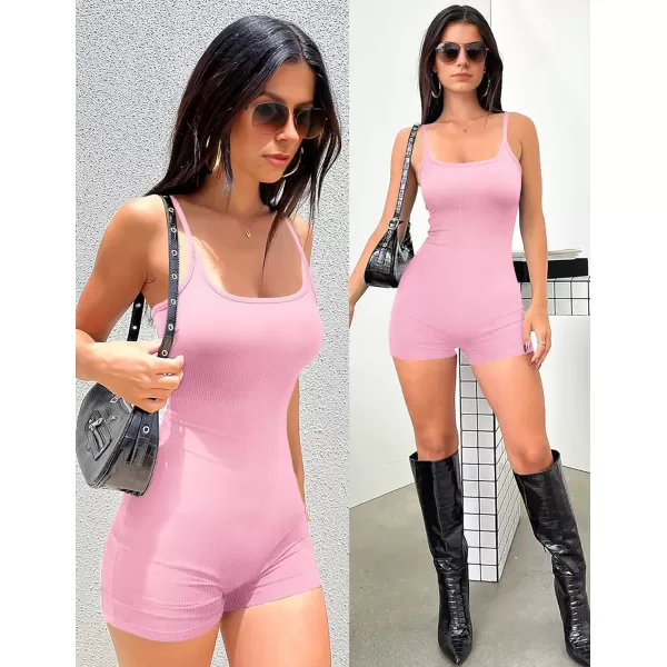 Ekouaer Womens Workout Romper Ribbed Unitard Stretch One Piece Short Jumpsuits Yoga Sleeveless Adjustable Outfits 2024Light Pink