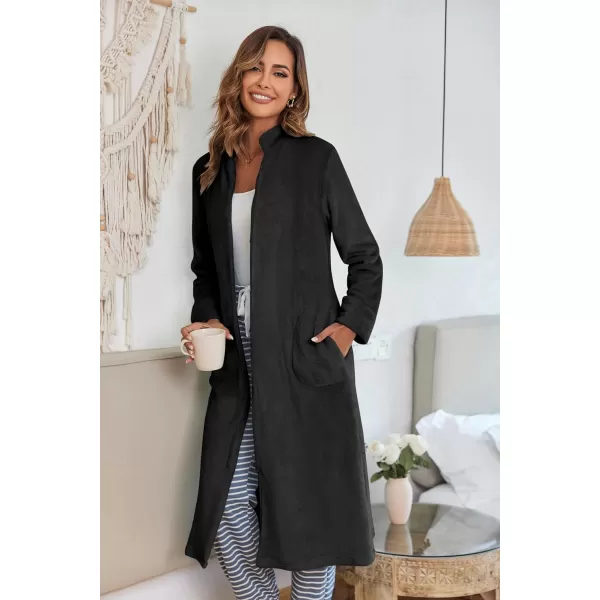 Ekouaer Womens Zip Up Robe Fleece Bathrobe Long Zipper Lounger Warm Housecoat Long Sleeve Nightgown with Pockets SXXLAblack