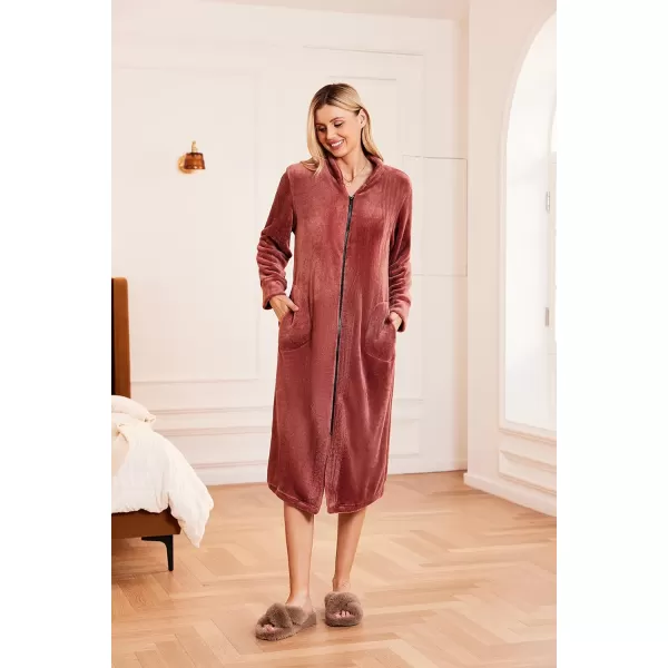 Ekouaer Womens Zip Up Robe Fleece Bathrobe Long Zipper Lounger Warm Housecoat Long Sleeve Nightgown with Pockets SXXLAcaramel