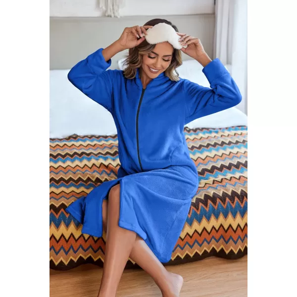 Ekouaer Womens Zip Up Robe Fleece Bathrobe Long Zipper Lounger Warm Housecoat Long Sleeve Nightgown with Pockets SXXLAdeep Sky Blue