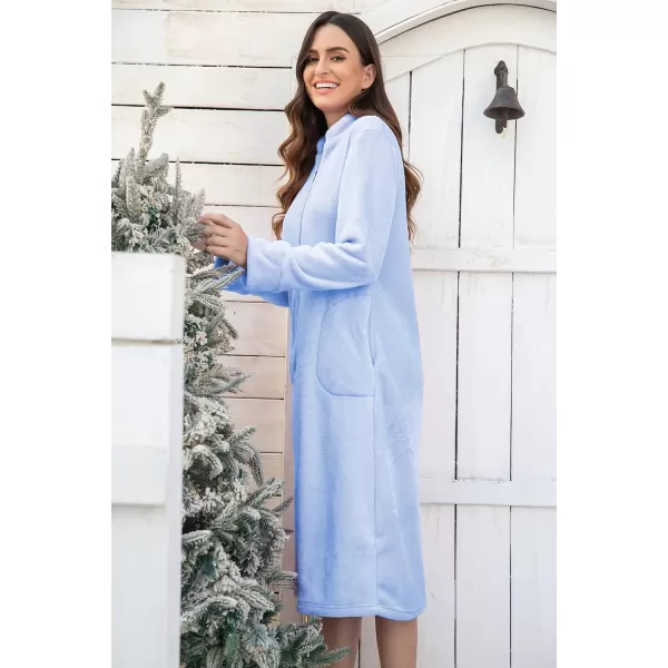 Ekouaer Womens Zip Up Robe Fleece Bathrobe Long Zipper Lounger Warm Housecoat Long Sleeve Nightgown with Pockets SXXLAlight Blue