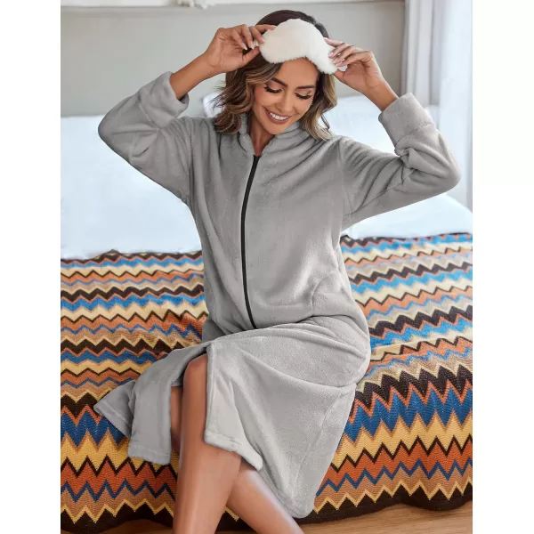 Ekouaer Womens Zip Up Robe Fleece Bathrobe Long Zipper Lounger Warm Housecoat Long Sleeve Nightgown with Pockets SXXLAlight Grey