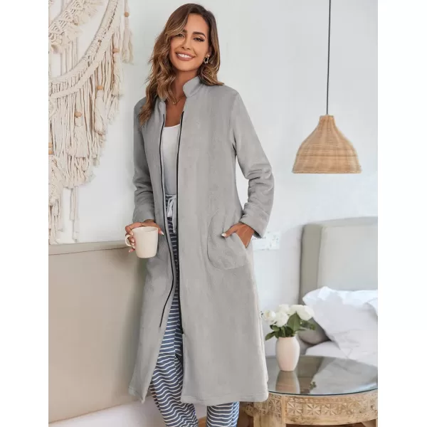 Ekouaer Womens Zip Up Robe Fleece Bathrobe Long Zipper Lounger Warm Housecoat Long Sleeve Nightgown with Pockets SXXLAlight Grey