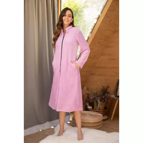 Ekouaer Womens Zip Up Robe Fleece Bathrobe Long Zipper Lounger Warm Housecoat Long Sleeve Nightgown with Pockets SXXLApink