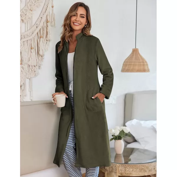 Ekouaer Womens Zip Up Robe Fleece Bathrobe Long Zipper Lounger Warm Housecoat Long Sleeve Nightgown with Pockets SXXLArmy Green