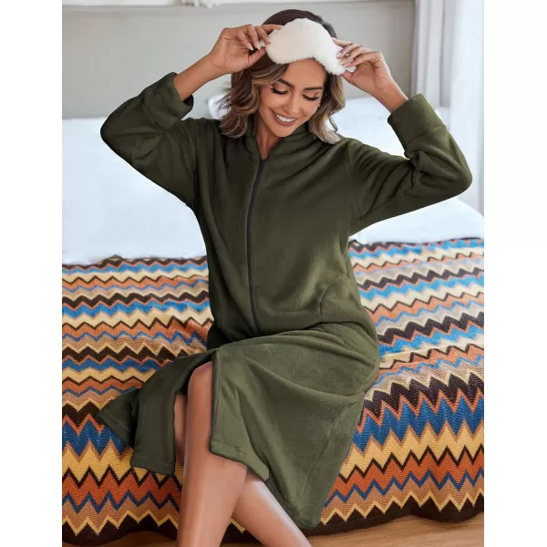 Ekouaer Womens Zip Up Robe Fleece Bathrobe Long Zipper Lounger Warm Housecoat Long Sleeve Nightgown with Pockets SXXLArmy Green