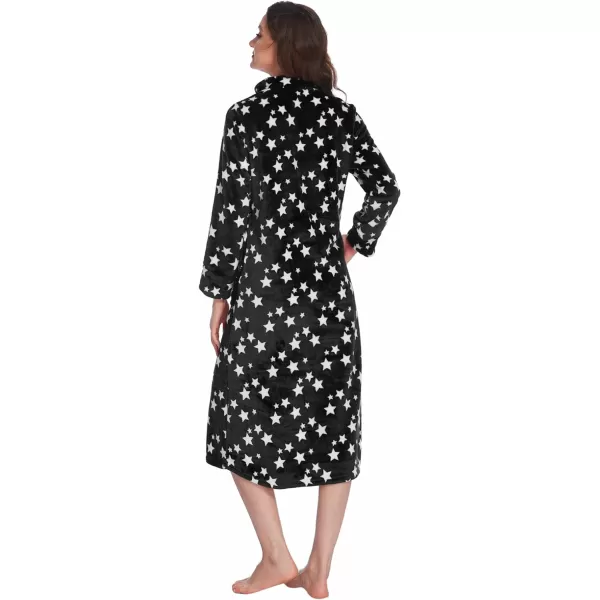 Ekouaer Womens Zip Up Robe Fleece Bathrobe Long Zipper Lounger Warm Housecoat Long Sleeve Nightgown with Pockets SXXLBblack Stars