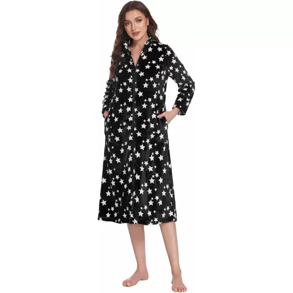 Ekouaer Womens Zip Up Robe Fleece Bathrobe Long Zipper Lounger Warm Housecoat Long Sleeve Nightgown with Pockets SXXLBblack Stars