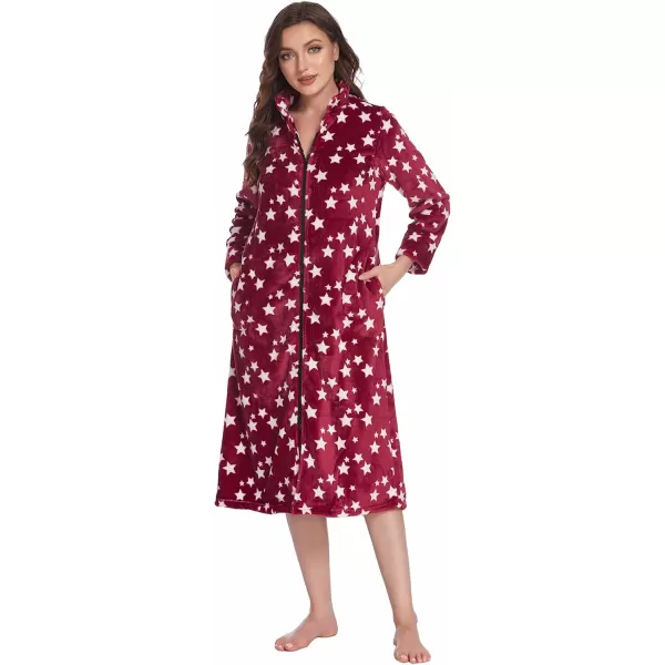 Ekouaer Womens Zip Up Robe Fleece Bathrobe Long Zipper Lounger Warm Housecoat Long Sleeve Nightgown with Pockets SXXLBred Stars