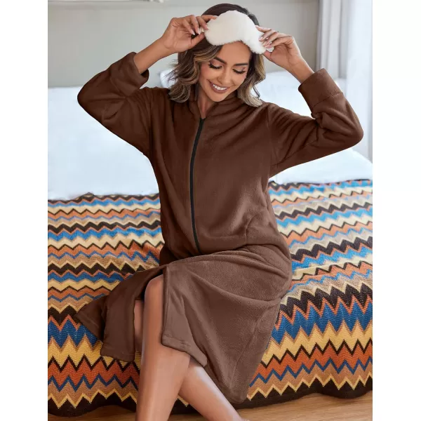 Ekouaer Womens Zip Up Robe Fleece Bathrobe Long Zipper Lounger Warm Housecoat Long Sleeve Nightgown with Pockets SXXLBrown