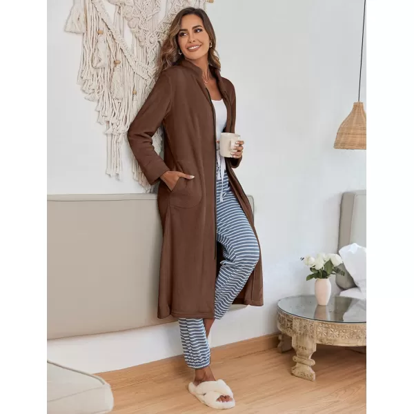 Ekouaer Womens Zip Up Robe Fleece Bathrobe Long Zipper Lounger Warm Housecoat Long Sleeve Nightgown with Pockets SXXLBrown