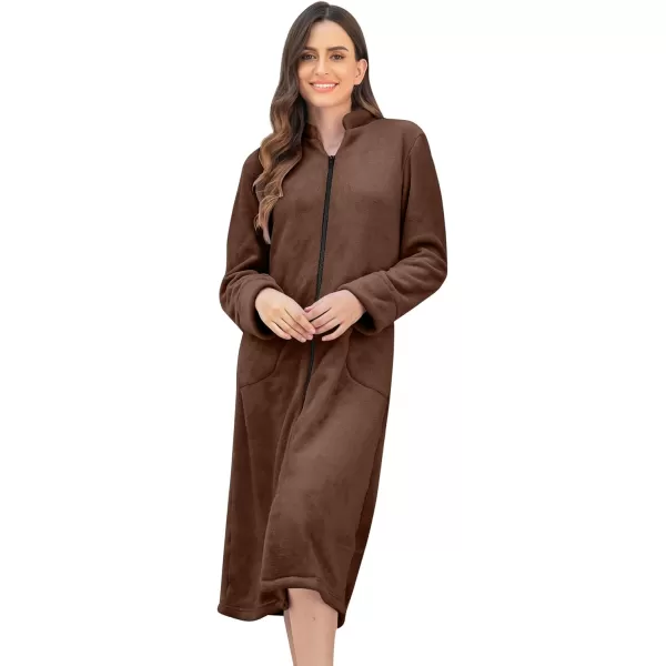 Ekouaer Womens Zip Up Robe Fleece Bathrobe Long Zipper Lounger Warm Housecoat Long Sleeve Nightgown with Pockets SXXLBrown