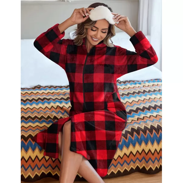 Ekouaer Womens Zip Up Robe Fleece Bathrobe Long Zipper Lounger Warm Housecoat Long Sleeve Nightgown with Pockets SXXLFleece Red Black Plaid