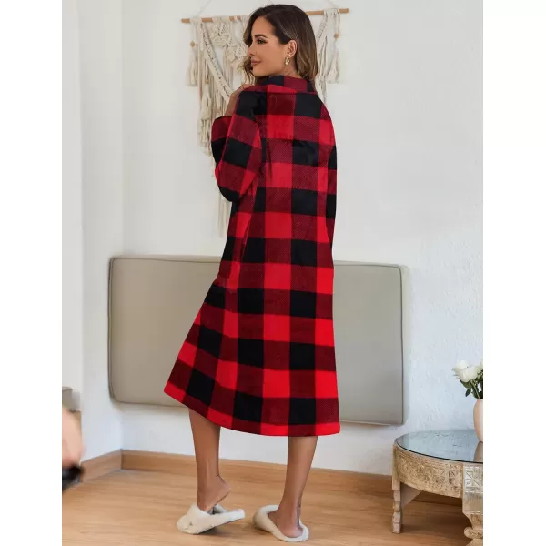 Ekouaer Womens Zip Up Robe Fleece Bathrobe Long Zipper Lounger Warm Housecoat Long Sleeve Nightgown with Pockets SXXLFleece Red Black Plaid