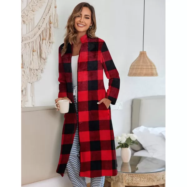 Ekouaer Womens Zip Up Robe Fleece Bathrobe Long Zipper Lounger Warm Housecoat Long Sleeve Nightgown with Pockets SXXLFleece Red Black Plaid