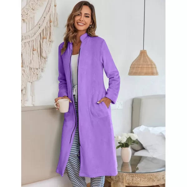 Ekouaer Womens Zip Up Robe Fleece Bathrobe Long Zipper Lounger Warm Housecoat Long Sleeve Nightgown with Pockets SXXLPurple