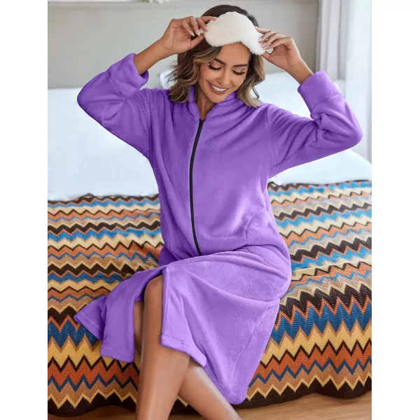 Ekouaer Womens Zip Up Robe Fleece Bathrobe Long Zipper Lounger Warm Housecoat Long Sleeve Nightgown with Pockets SXXLPurple