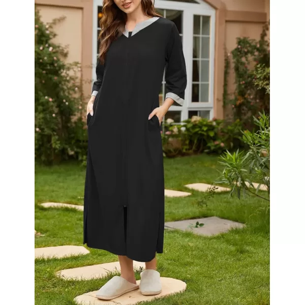 Ekouaer Womens Zipper Robes Long Housecoats Lightweight Bathrobe Full Length Sleepwear with PocketsLongblack