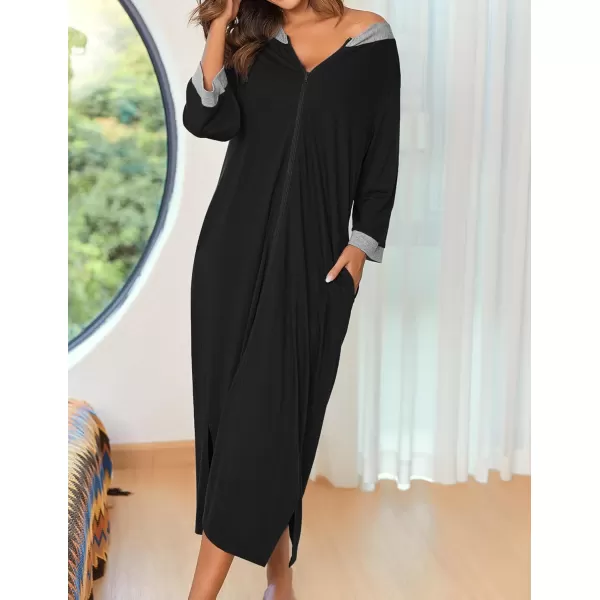 Ekouaer Womens Zipper Robes Long Housecoats Lightweight Bathrobe Full Length Sleepwear with PocketsLongblack