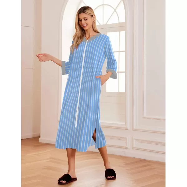 Ekouaer Womens Zipper Robes Long Housecoats Lightweight Bathrobe Full Length Sleepwear with PocketsLongblue Stripes