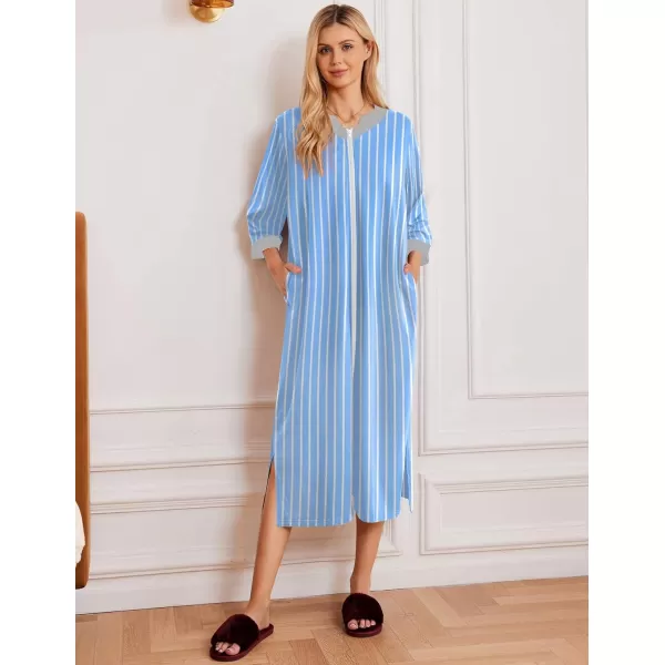 Ekouaer Womens Zipper Robes Long Housecoats Lightweight Bathrobe Full Length Sleepwear with PocketsLongblue Stripes