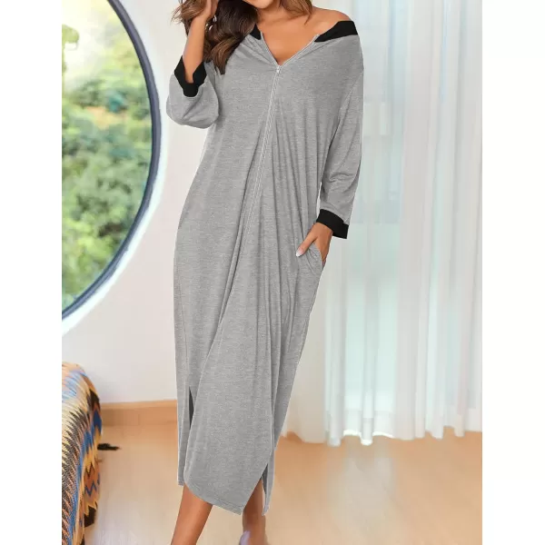 Ekouaer Womens Zipper Robes Long Housecoats Lightweight Bathrobe Full Length Sleepwear with PocketsLonggrey