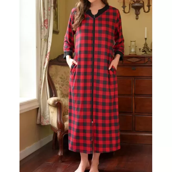 Ekouaer Womens Zipper Robes Long Housecoats Lightweight Bathrobe Full Length Sleepwear with PocketsLongred Plaid