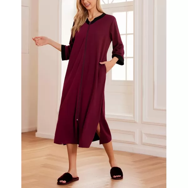 Ekouaer Womens Zipper Robes Long Housecoats Lightweight Bathrobe Full Length Sleepwear with PocketsLongwine Red