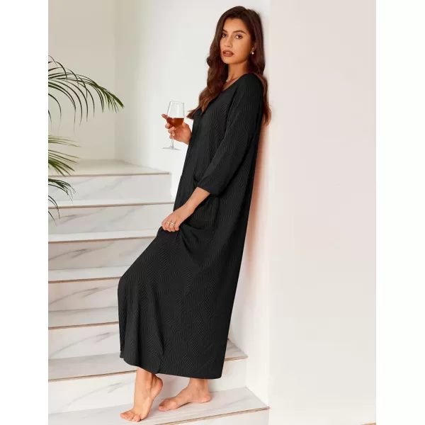 Ekouaer Zipper Robes for Women Ribbed Knit Bathrobe Lightweight Full Length Loungewear with Pockets S3XLBlack