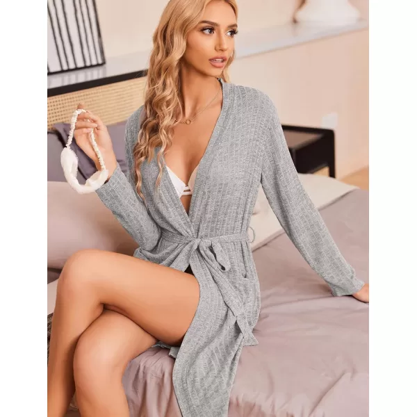 EkouaernbspWomennbspRobe RibbednbspKnitnbspSoftnbspBathrobe KneenbspLengthnbspRobesnbspStretchy Short SleepwearnbspwithnbspPocketsLight Grey