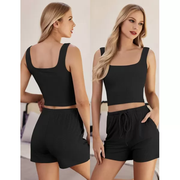 EkouaernbspWomensnbsp4nbspPiecenbspLoungenbspSetsnbspRibbednbspKnitnbspCropnbspTank TopnbspandnbspShortsnbspPantsnbspCasualnbspOutfitsBlack