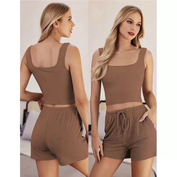 EkouaernbspWomensnbsp4nbspPiecenbspLoungenbspSetsnbspRibbednbspKnitnbspCropnbspTank TopnbspandnbspShortsnbspPantsnbspCasualnbspOutfitsBrown