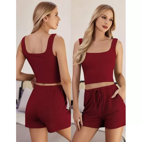 EkouaernbspWomensnbsp4nbspPiecenbspLoungenbspSetsnbspRibbednbspKnitnbspCropnbspTank TopnbspandnbspShortsnbspPantsnbspCasualnbspOutfitsWine Red