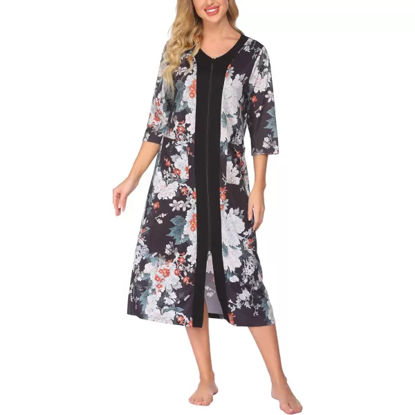 EkouaernbspWomensnbspZippernbspFront LongnbspHousedressFlower Print 02