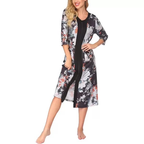 EkouaernbspWomensnbspZippernbspFront LongnbspHousedressFlower Print 02