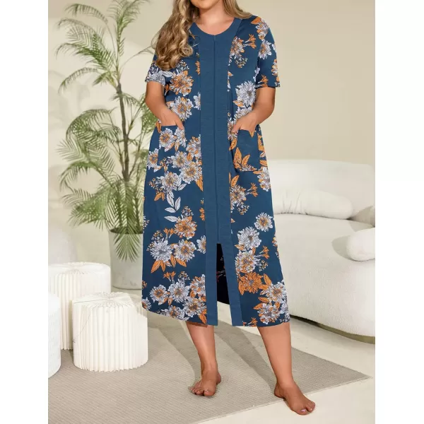 EkouaernbspWomensnbspZippernbspFront LongnbspHousedressFlower Print 3