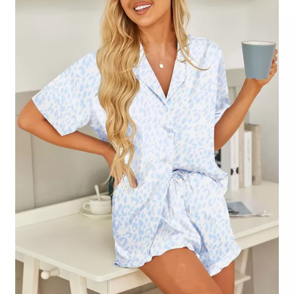 HOTOUCH Womens Satin Pajamas Set Button Down 2 Piece Silk Pjs Shorts Set Ruffle Lingerie Notch Collar SleepwearBlue Leopard