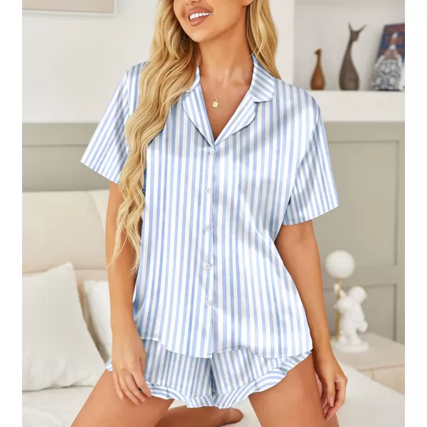 HOTOUCH Womens Satin Pajamas Set Button Down 2 Piece Silk Pjs Shorts Set Ruffle Lingerie Notch Collar SleepwearBlue Striped