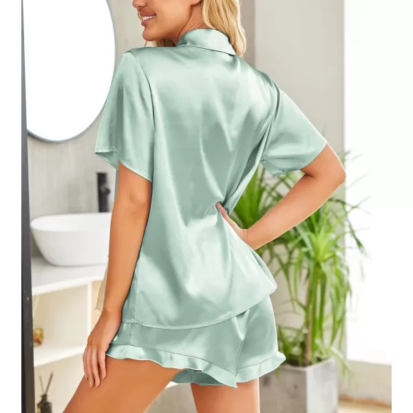 HOTOUCH Womens Satin Pajamas Set Button Down 2 Piece Silk Pjs Shorts Set Ruffle Lingerie Notch Collar SleepwearGreen