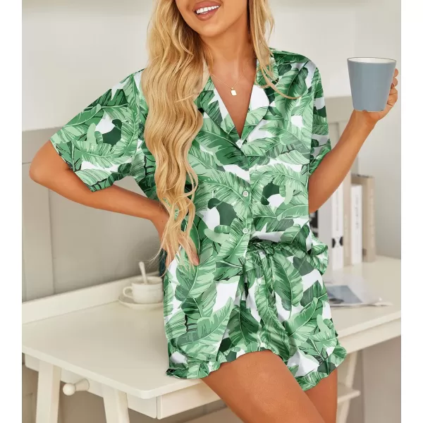 HOTOUCH Womens Satin Pajamas Set Button Down 2 Piece Silk Pjs Shorts Set Ruffle Lingerie Notch Collar SleepwearGreen Leaf