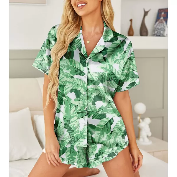 HOTOUCH Womens Satin Pajamas Set Button Down 2 Piece Silk Pjs Shorts Set Ruffle Lingerie Notch Collar SleepwearGreen Leaf