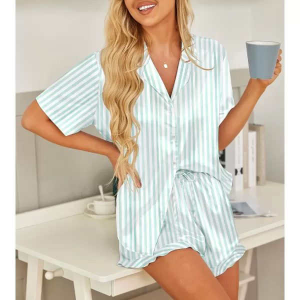 HOTOUCH Womens Satin Pajamas Set Button Down 2 Piece Silk Pjs Shorts Set Ruffle Lingerie Notch Collar SleepwearGreen Striped