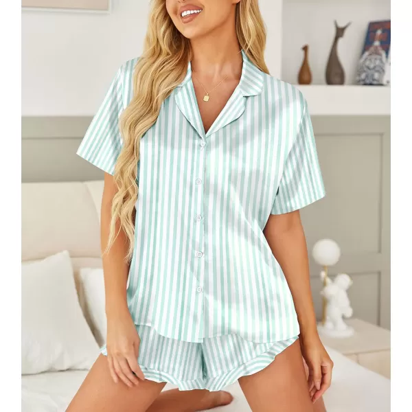 HOTOUCH Womens Satin Pajamas Set Button Down 2 Piece Silk Pjs Shorts Set Ruffle Lingerie Notch Collar SleepwearGreen Striped