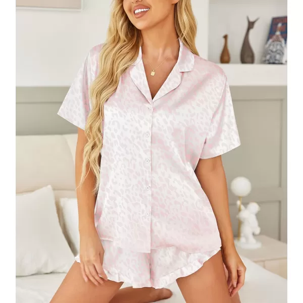 HOTOUCH Womens Satin Pajamas Set Button Down 2 Piece Silk Pjs Shorts Set Ruffle Lingerie Notch Collar SleepwearPink Leopard