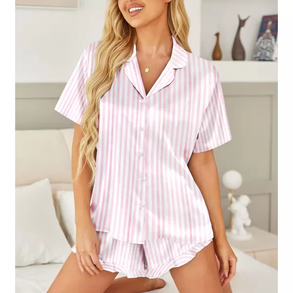 HOTOUCH Womens Satin Pajamas Set Button Down 2 Piece Silk Pjs Shorts Set Ruffle Lingerie Notch Collar SleepwearPink Striped