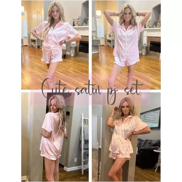 HOTOUCH Womens Satin Pajamas Set Button Down 2 Piece Silk Pjs Shorts Set Ruffle Lingerie Notch Collar SleepwearPink Striped