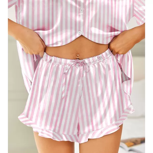 HOTOUCH Womens Satin Pajamas Set Button Down 2 Piece Silk Pjs Shorts Set Ruffle Lingerie Notch Collar SleepwearPink Striped