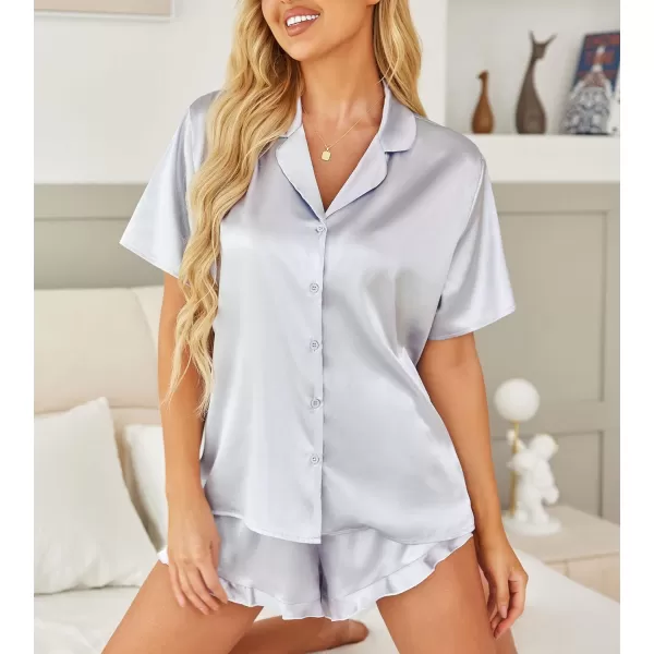 HOTOUCH Womens Satin Pajamas Set Button Down 2 Piece Silk Pjs Shorts Set Ruffle Lingerie Notch Collar SleepwearSliver Grey