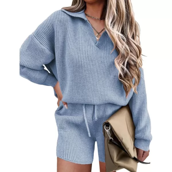 Ekoauer Womens 2 Piece Outfits Long Sleeve Knit Top and Short Pajama Sets Oversized Sweatsuit Sweater SetBlue