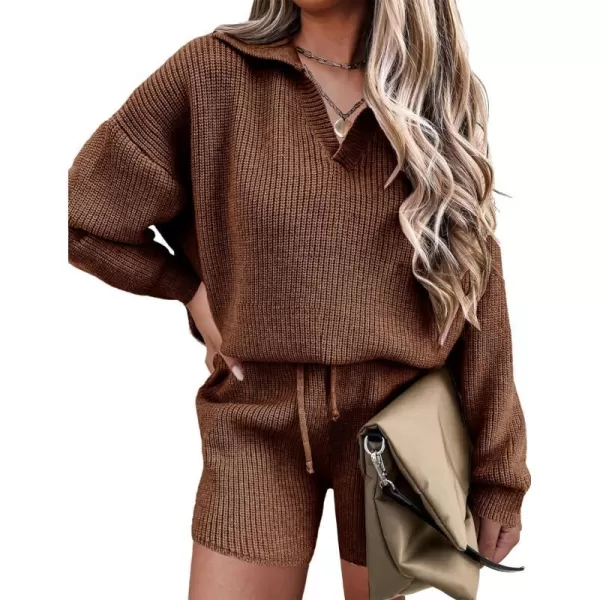 Ekoauer Womens 2 Piece Outfits Long Sleeve Knit Top and Short Pajama Sets Oversized Sweatsuit Sweater SetBrown